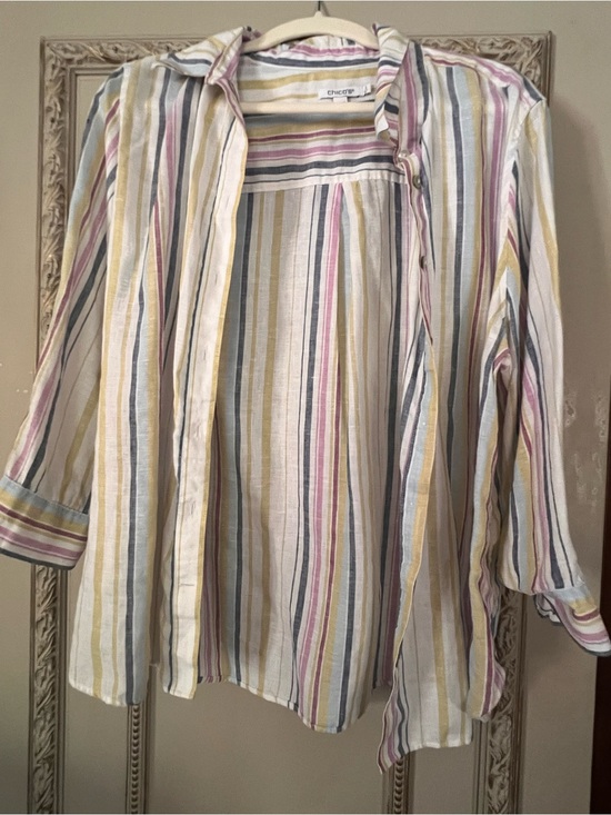 Chico's Tops - Chico’s 100% Linen Striped Button Front Shirt Size 3 (XL) Pink Blue Yellow